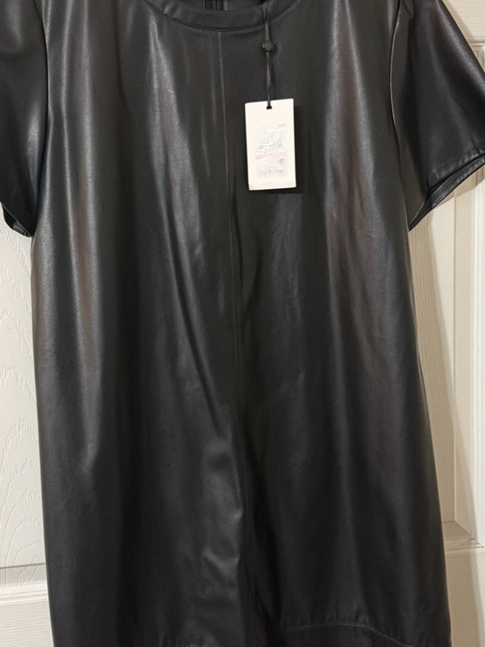 DKNY Black Faux Leather Short Sleeve Shift Dress